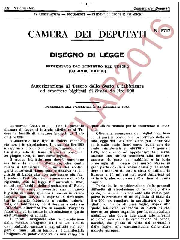 intervento del ministro colombo sulle 500 lire 1965